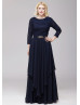 Navy Blue Lace Chiffon Modest Mother Of The Bride Dress 